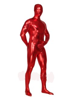 Cheap Unicolor Red Unisex Halloween Shiny Metallic Zentai Suit