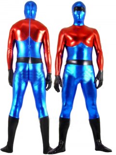 Cheap Red & Blue Shiny Metallic Unisex Zentai Suit