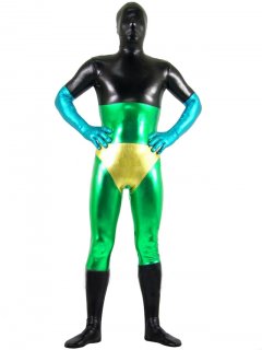 Cheap Shiny Metallic Gree& Black Unisex Zentai Suit with Light B