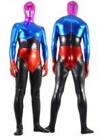 Cheap Shiny Metallic Blue& Black Unisex Zentai with Pink Mask